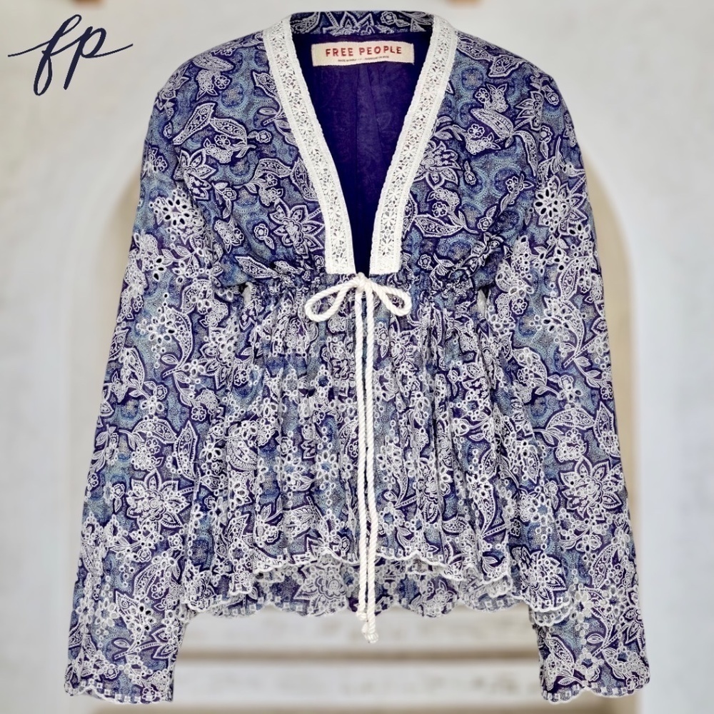 FREE PEOPLE NWT Anissa Floral-Print Eyelet/Embroidered Tie-Front Bed Jacket/Lg - Picture 12 of 14